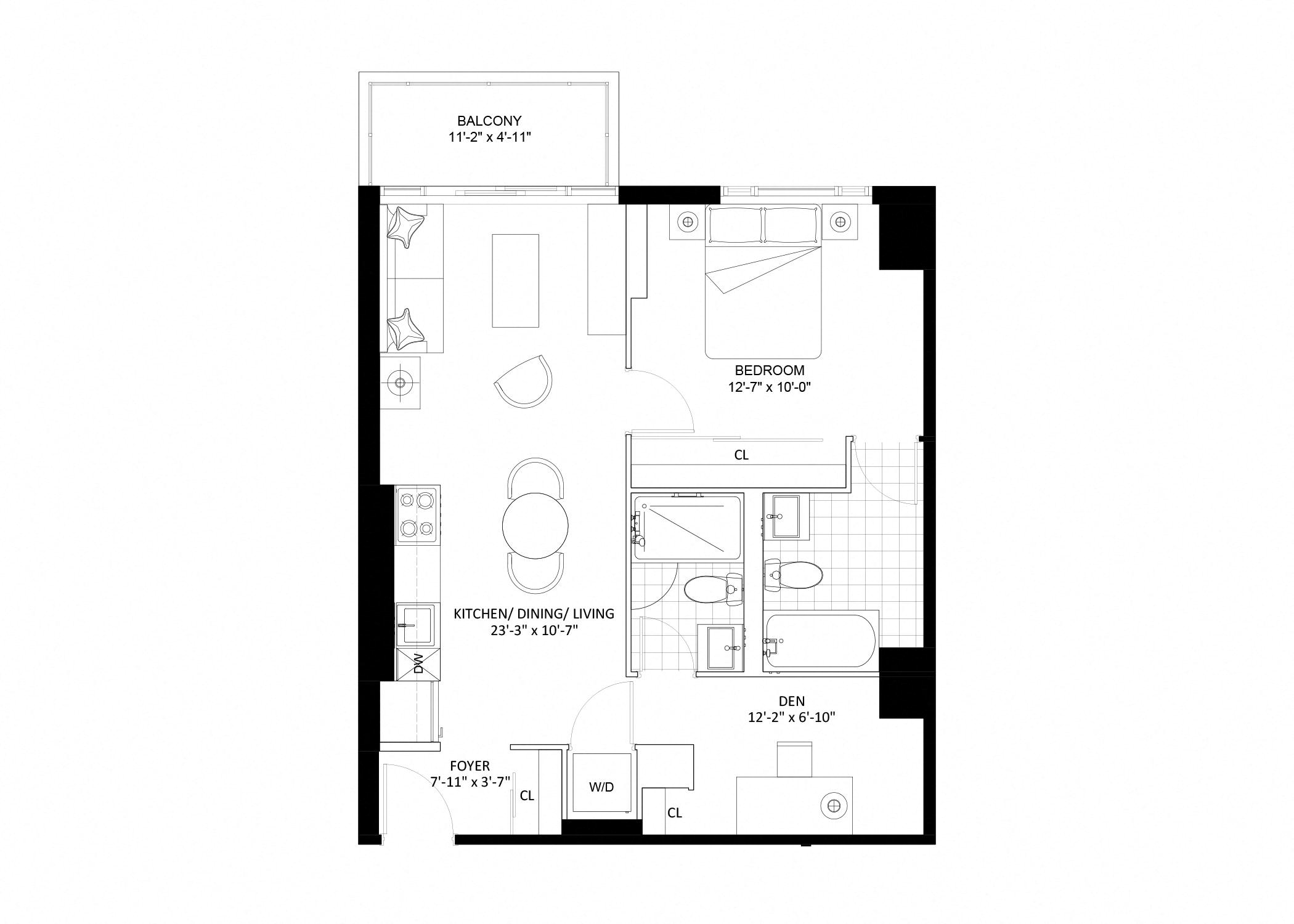 Floor plan for 1 bed, 2 baths, 695 sqft